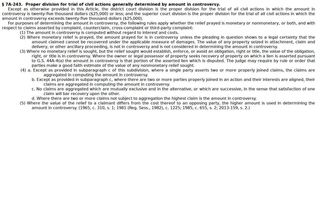 Watauga County civil docket jurisdiction statute reference