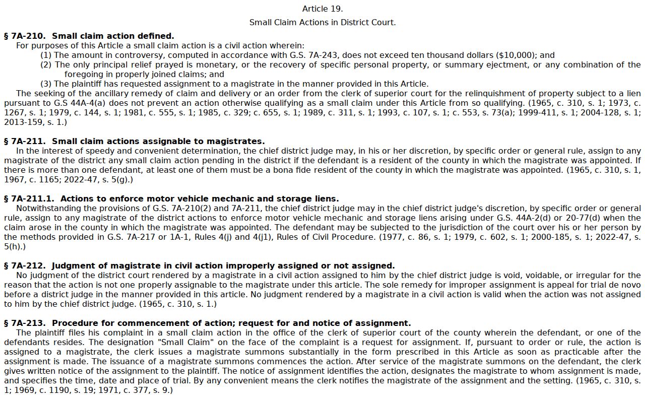 Watauga County civil docket small-claims statute reference