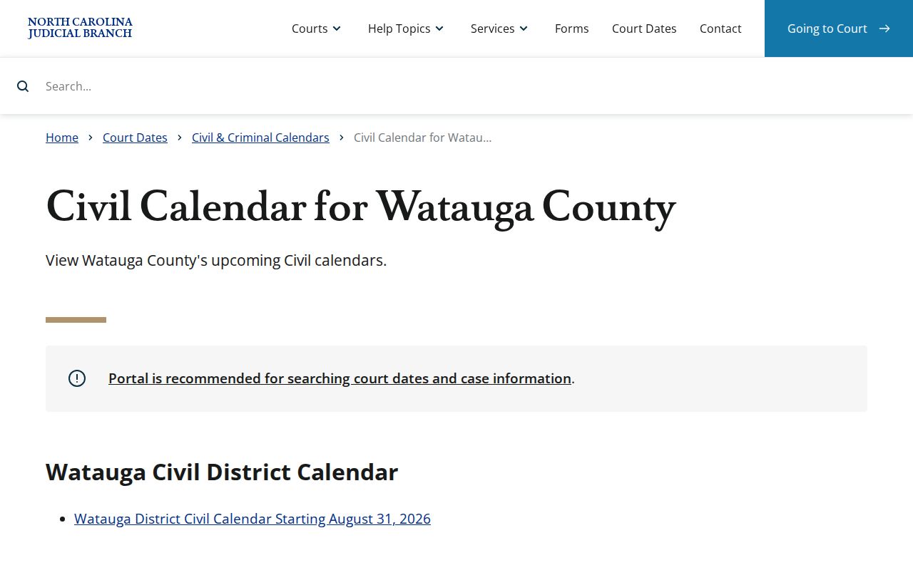 Watauga County court dates civil calendar search