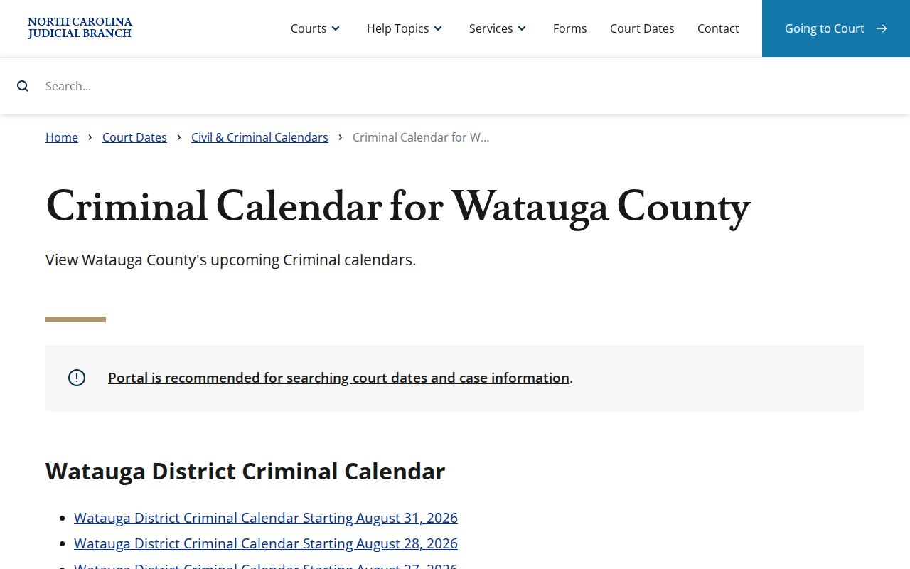 Watauga County court dates criminal calendar search