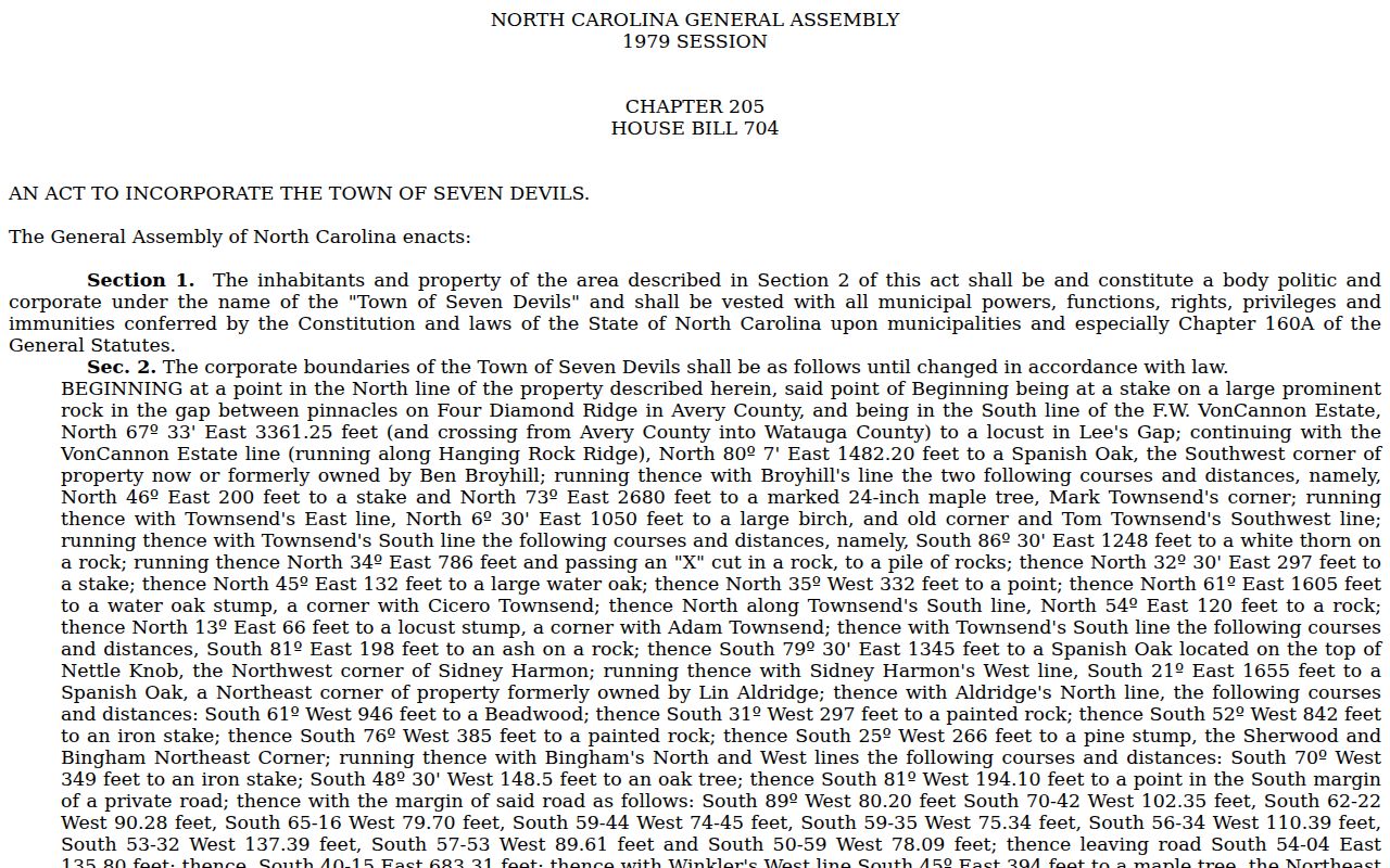 Seven Devils court docket incorporation history reference